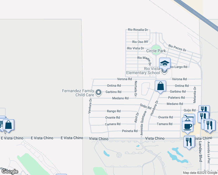 map of restaurants, bars, coffee shops, grocery stores, and more near 67235 Ontina Road in Cathedral City