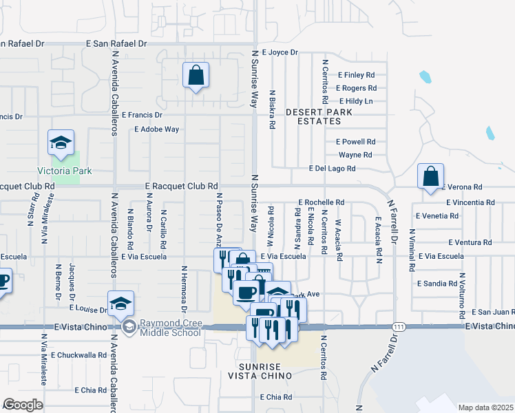 map of restaurants, bars, coffee shops, grocery stores, and more near 2315 East Nicola Road in Palm Springs