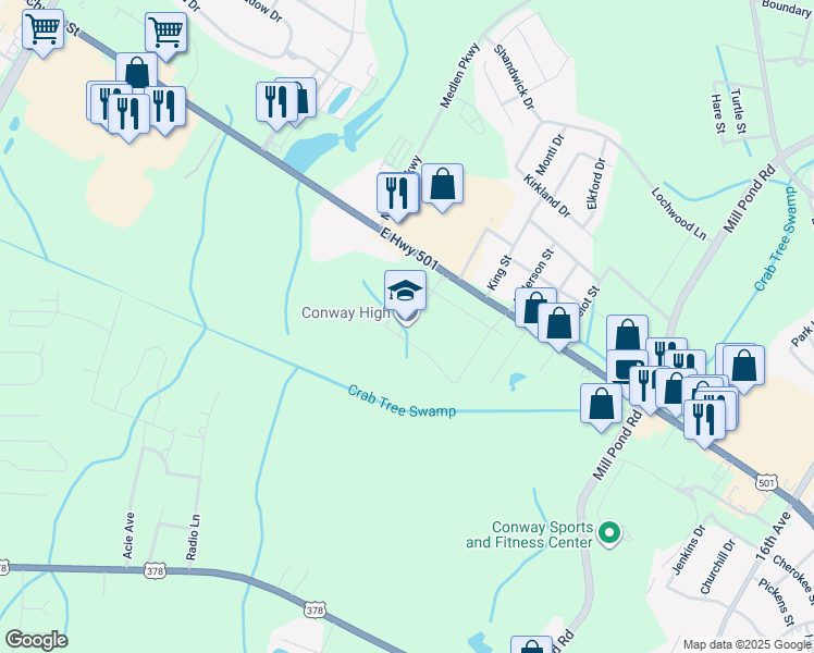 map of restaurants, bars, coffee shops, grocery stores, and more near 2301 Church Street in Conway