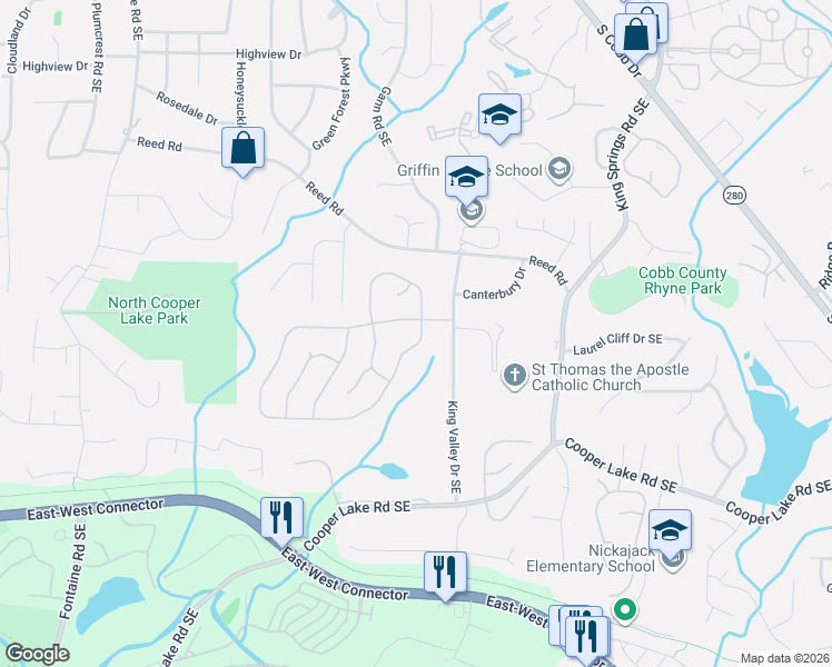 map of restaurants, bars, coffee shops, grocery stores, and more near 1020 Queensgate Drive Southeast in Smyrna