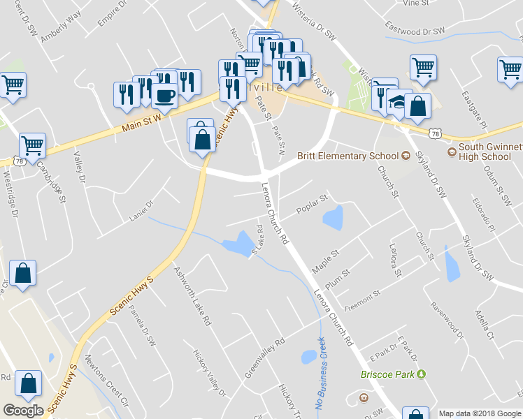 map of restaurants, bars, coffee shops, grocery stores, and more near 2625 Beverly Lane Southwest in Snellville