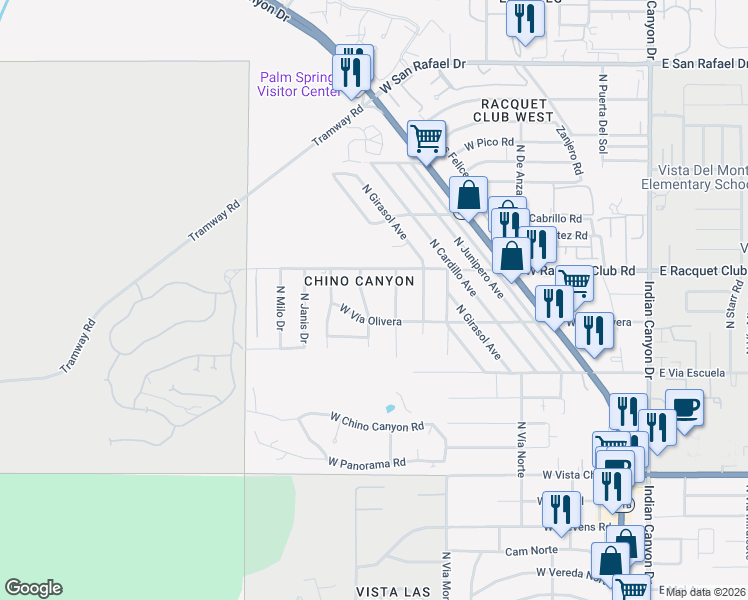 map of restaurants, bars, coffee shops, grocery stores, and more near 2360 North Palermo Drive in Palm Springs