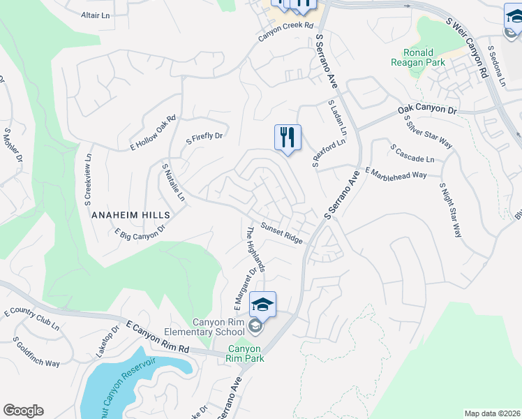 map of restaurants, bars, coffee shops, grocery stores, and more near 7905 East Monte Carlo Avenue in Anaheim