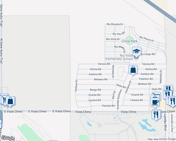 map of restaurants, bars, coffee shops, grocery stores, and more near 67185 Ontina Road in Cathedral City