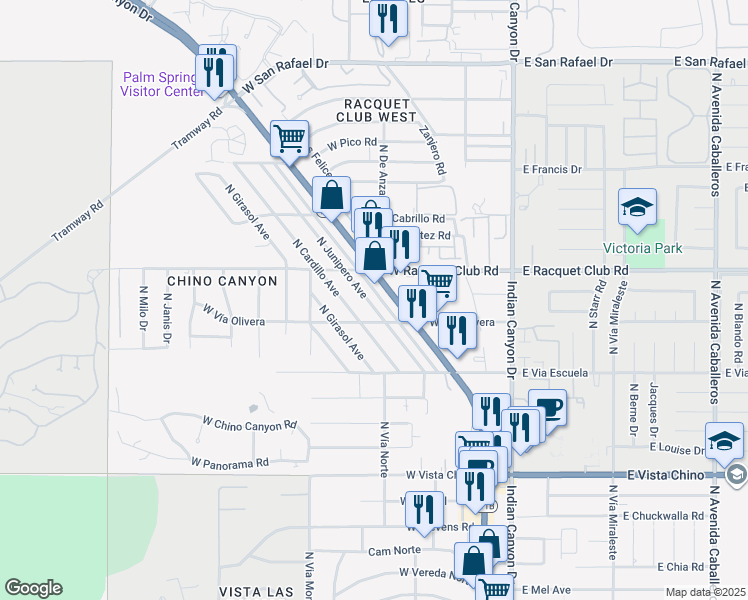map of restaurants, bars, coffee shops, grocery stores, and more near 2381 North Junipero Avenue in Palm Springs