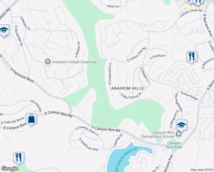 map of restaurants, bars, coffee shops, grocery stores, and more near 999 South Creekview Lane in Anaheim