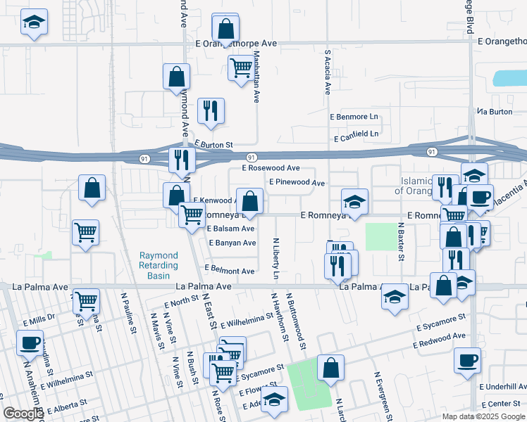 map of restaurants, bars, coffee shops, grocery stores, and more near 1141 North Liberty Lane in Anaheim