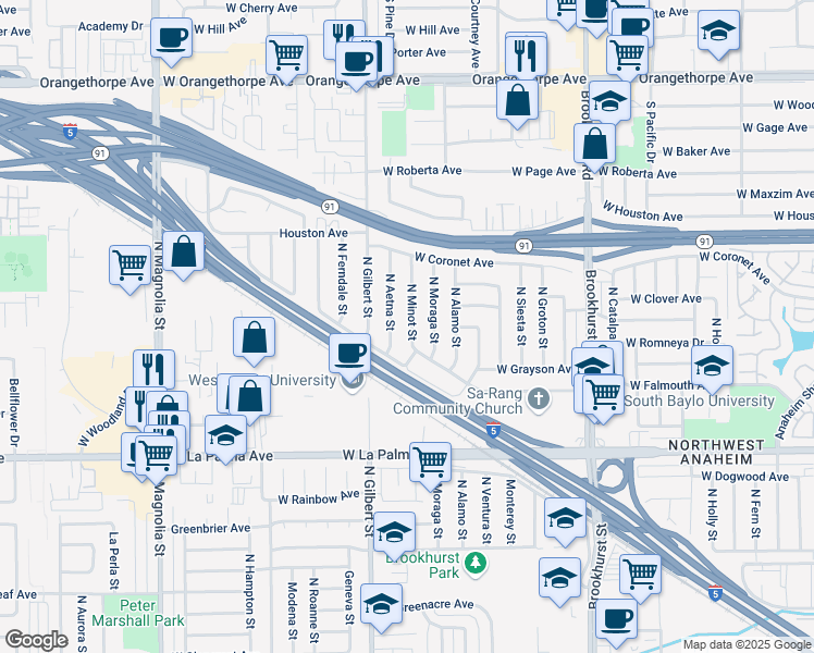 map of restaurants, bars, coffee shops, grocery stores, and more near 1200 North Minot Street in Anaheim
