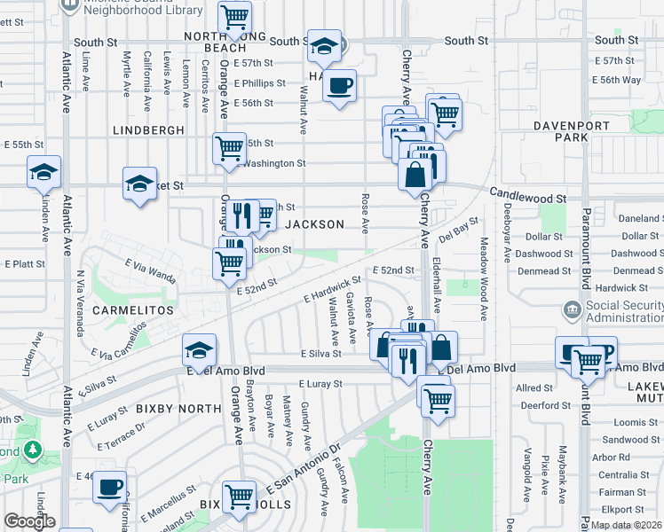 map of restaurants, bars, coffee shops, grocery stores, and more near 1729 East Hardwick Street in Long Beach