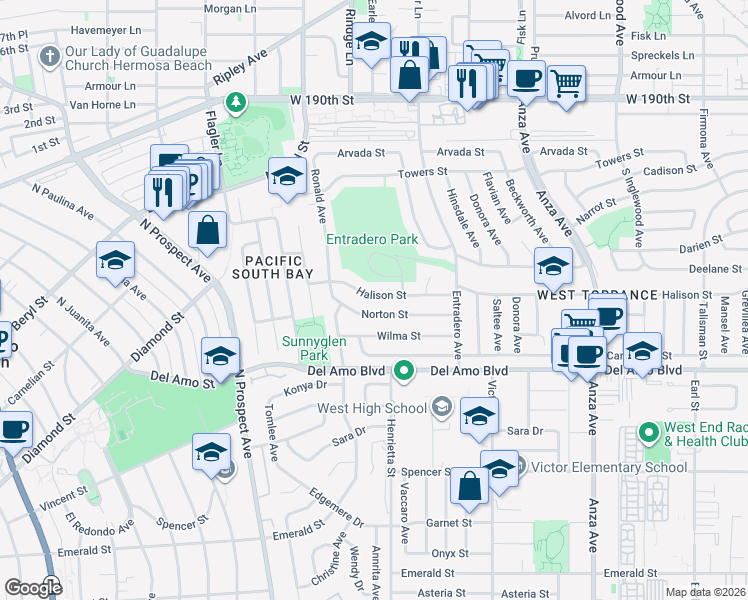 map of restaurants, bars, coffee shops, grocery stores, and more near 5522 Norton Street in Torrance