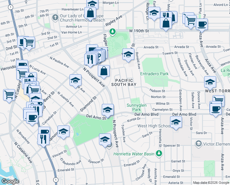 map of restaurants, bars, coffee shops, grocery stores, and more near 19928 Tomlee Avenue in Torrance