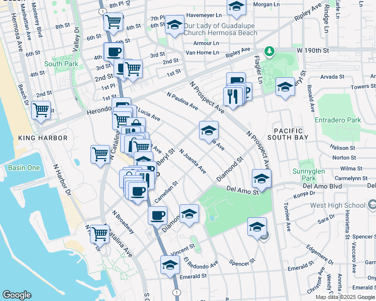 map of restaurants, bars, coffee shops, grocery stores, and more near 658 North Juanita Avenue in Redondo Beach
