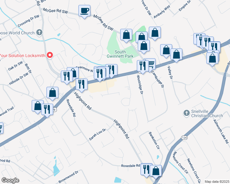 map of restaurants, bars, coffee shops, grocery stores, and more near 3039 Destin Circle in Snellville