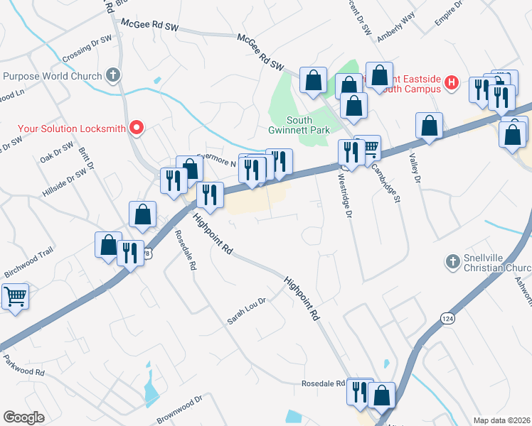 map of restaurants, bars, coffee shops, grocery stores, and more near 3082 Destin Circle in Snellville