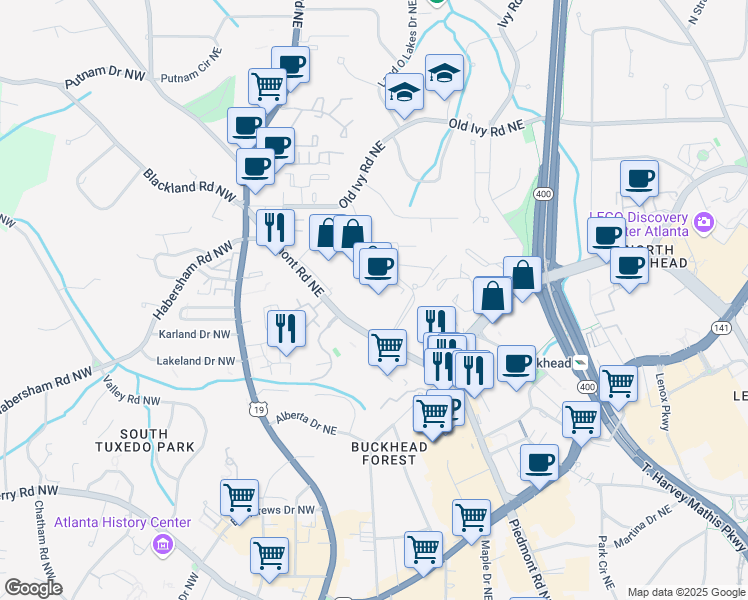 map of restaurants, bars, coffee shops, grocery stores, and more near 3525 Piedmont Road Northeast in Atlanta