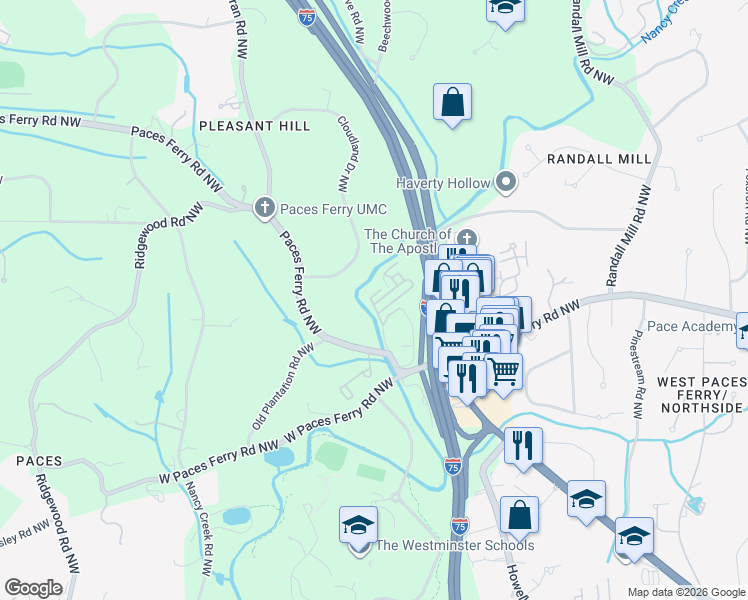 map of restaurants, bars, coffee shops, grocery stores, and more near 2608 Paces Place Northwest in Atlanta