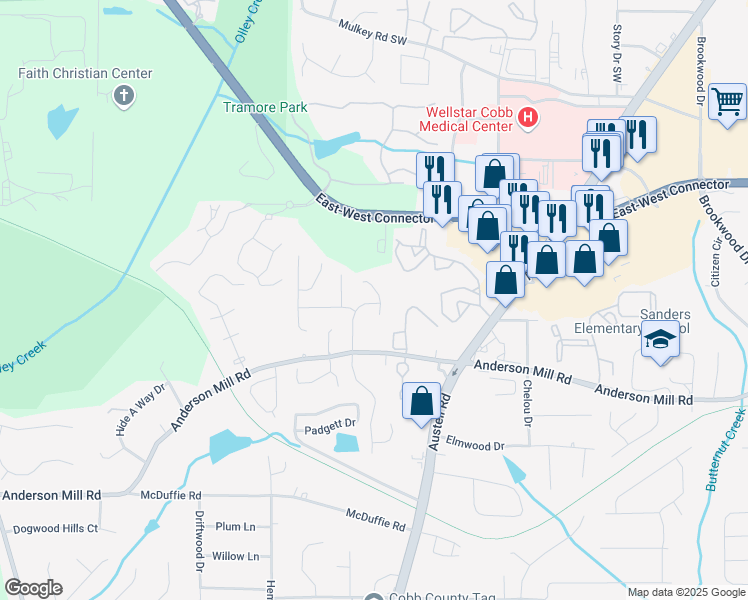map of restaurants, bars, coffee shops, grocery stores, and more near 4262 Anderson Ridge Way in Austell