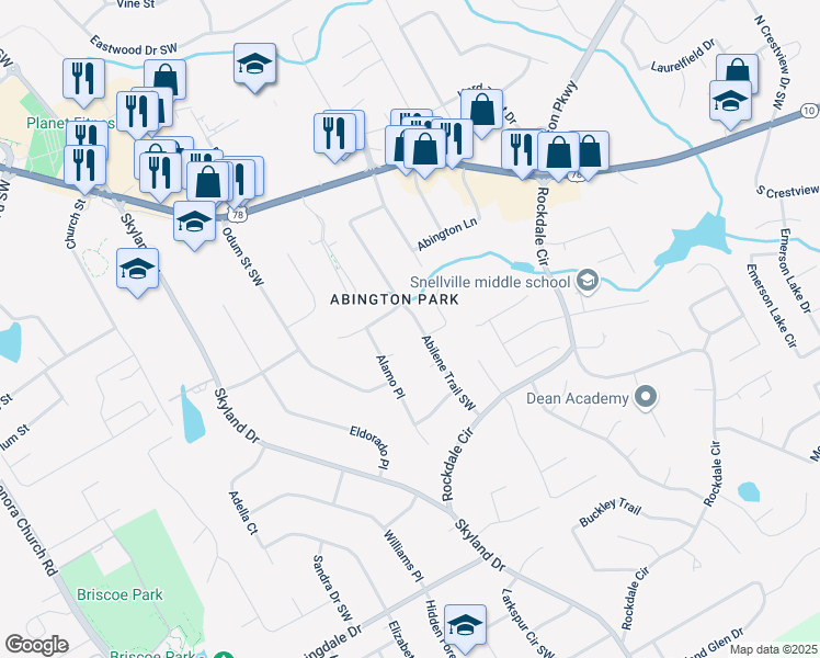 map of restaurants, bars, coffee shops, grocery stores, and more near 2767 Abilene Trail Southwest in Snellville