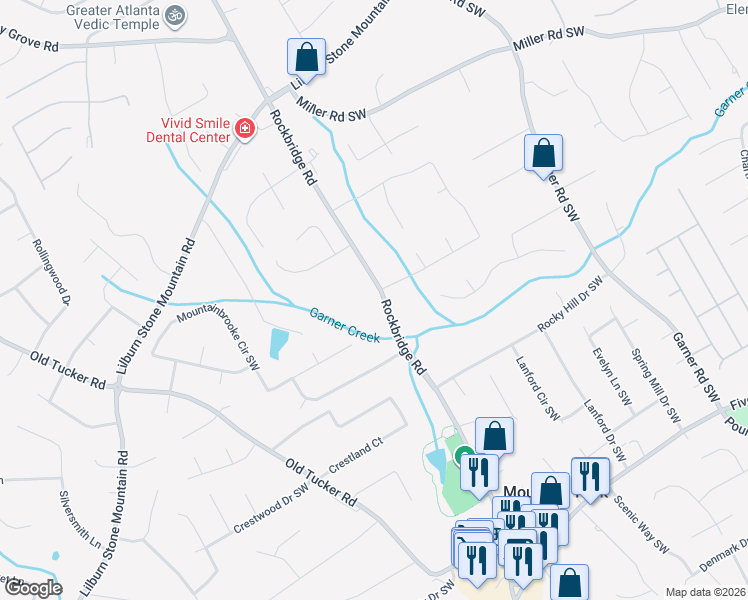 map of restaurants, bars, coffee shops, grocery stores, and more near 1001 Rockbridge Road Southwest in Stone Mountain