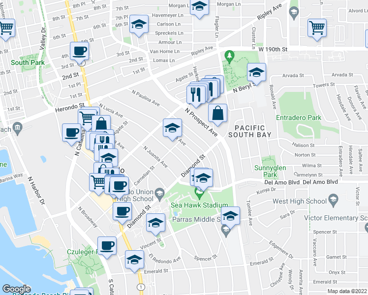 map of restaurants, bars, coffee shops, grocery stores, and more near 515 North Maria Avenue in Redondo Beach