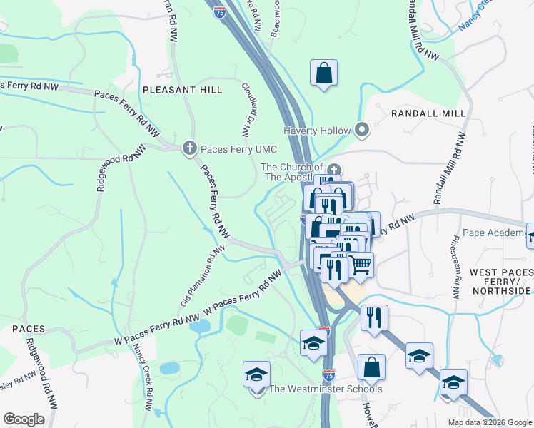 map of restaurants, bars, coffee shops, grocery stores, and more near 2608 Paces Place Northwest in Atlanta