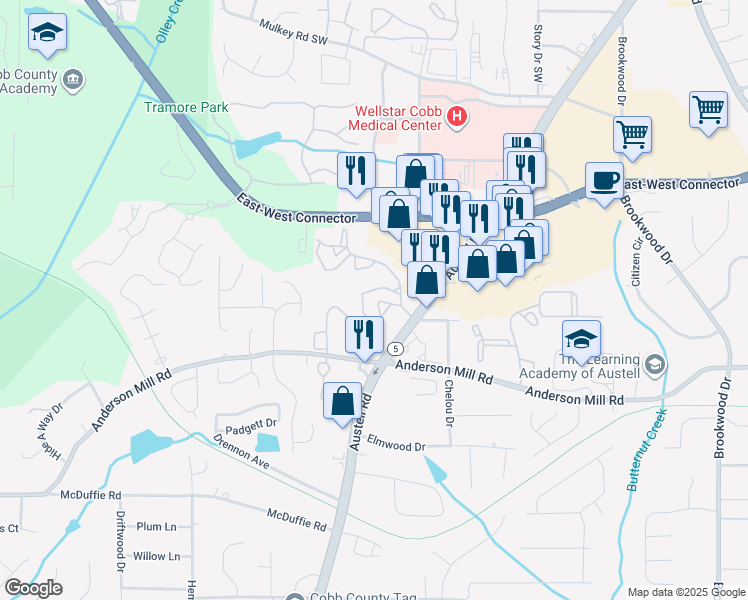 map of restaurants, bars, coffee shops, grocery stores, and more near 4220 Weavers White Lane in Austell