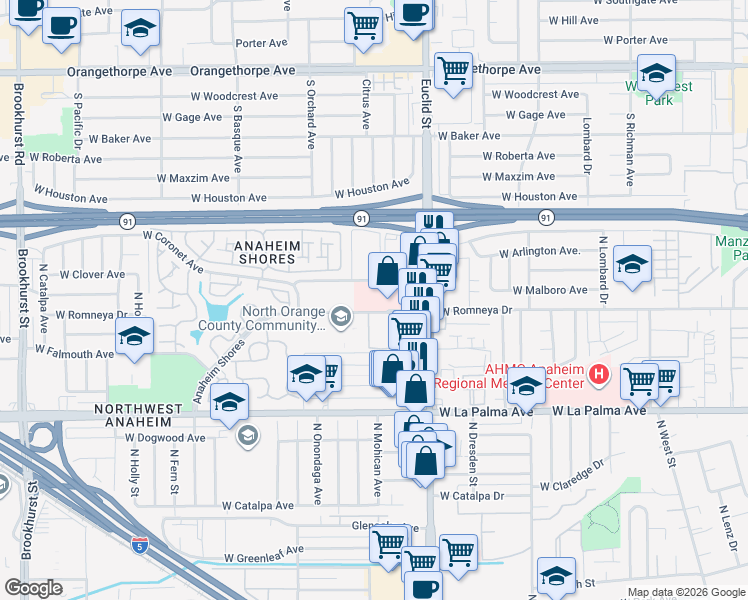 map of restaurants, bars, coffee shops, grocery stores, and more near 257 West Romneya Drive in Anaheim