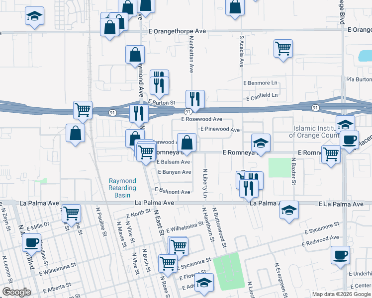 map of restaurants, bars, coffee shops, grocery stores, and more near 1325 East Romneya Drive in Anaheim