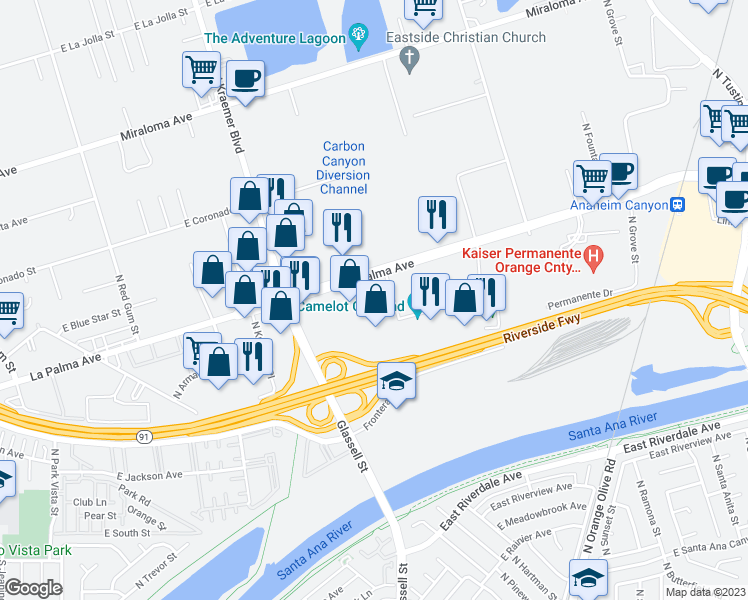 map of restaurants, bars, coffee shops, grocery stores, and more near 1041 North Shepard Street in Anaheim