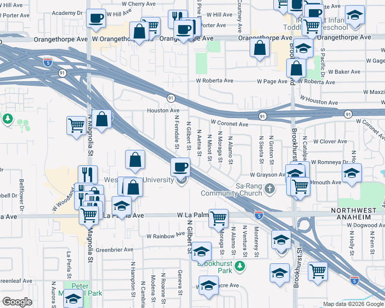 map of restaurants, bars, coffee shops, grocery stores, and more near 1254 North Gilbert Street in Anaheim