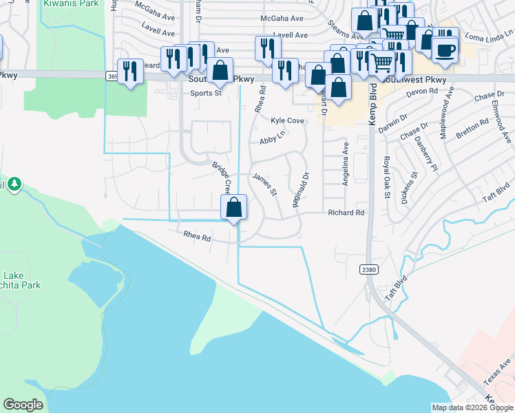 map of restaurants, bars, coffee shops, grocery stores, and more near 2914 Richard Road in Wichita Falls