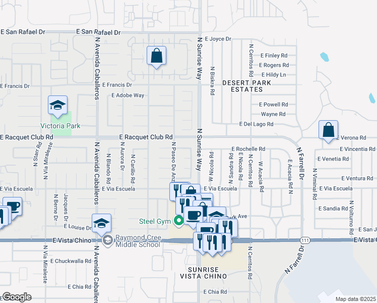 map of restaurants, bars, coffee shops, grocery stores, and more near 1609 Amelia Way in Palm Springs