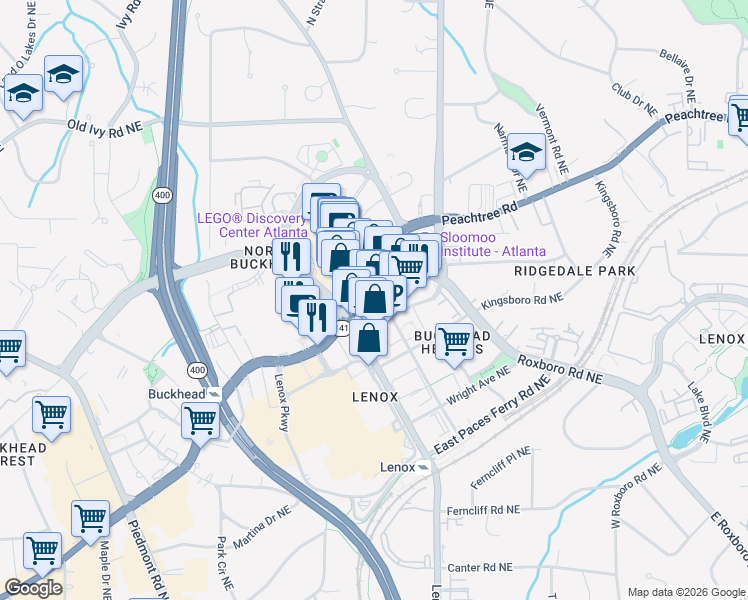 map of restaurants, bars, coffee shops, grocery stores, and more near 3438 Peachtree Road in Atlanta