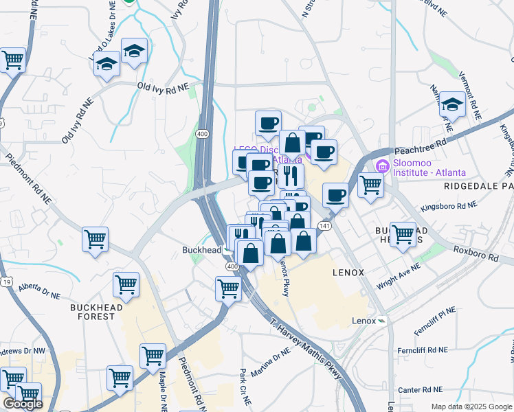 map of restaurants, bars, coffee shops, grocery stores, and more near 3560 Lenox Road in Atlanta