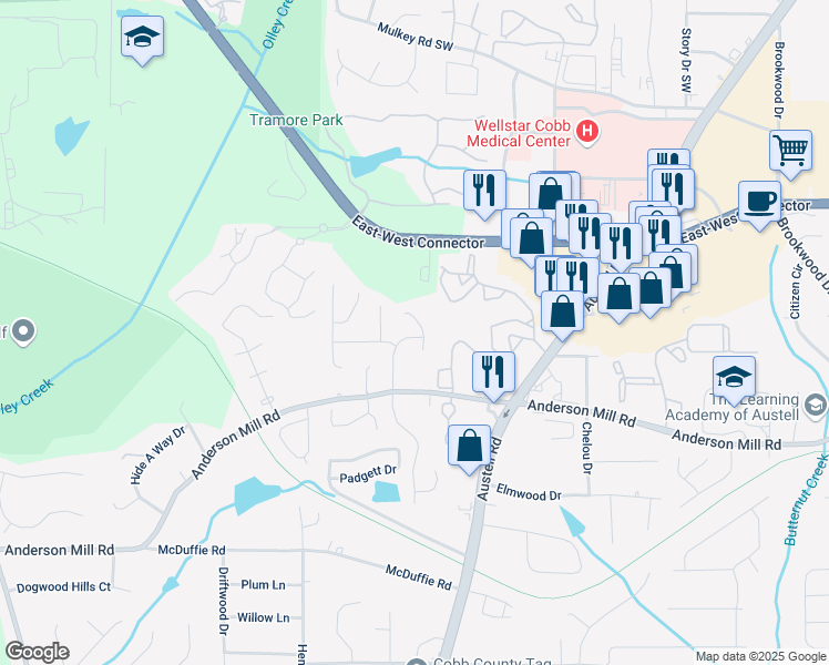 map of restaurants, bars, coffee shops, grocery stores, and more near 4258 Anderson Ridge Way in Austell