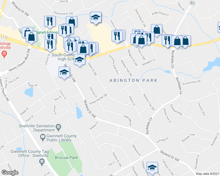 map of restaurants, bars, coffee shops, grocery stores, and more near 2684 Shaywen Circle in Snellville