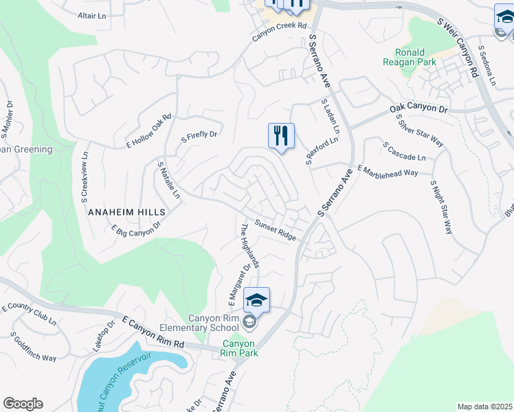 map of restaurants, bars, coffee shops, grocery stores, and more near 7919 East Monte Carlo Avenue in Anaheim