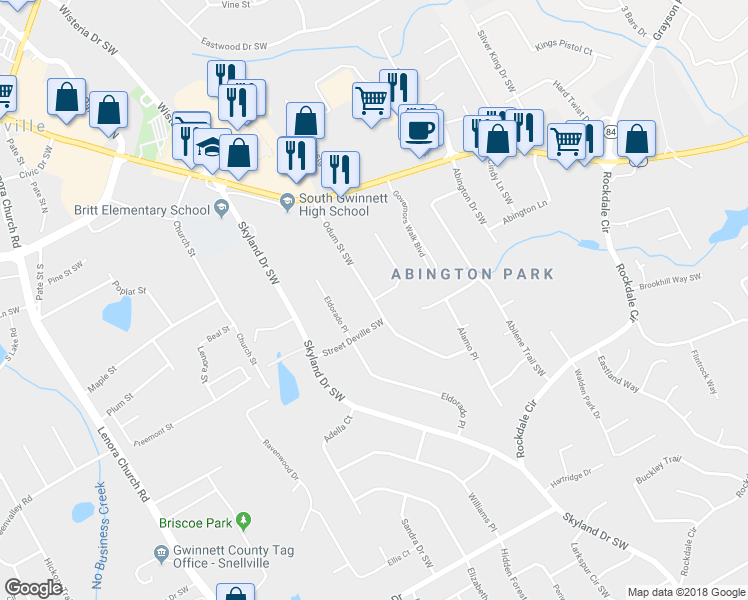 map of restaurants, bars, coffee shops, grocery stores, and more near 2699 Shaywen Circle in Snellville