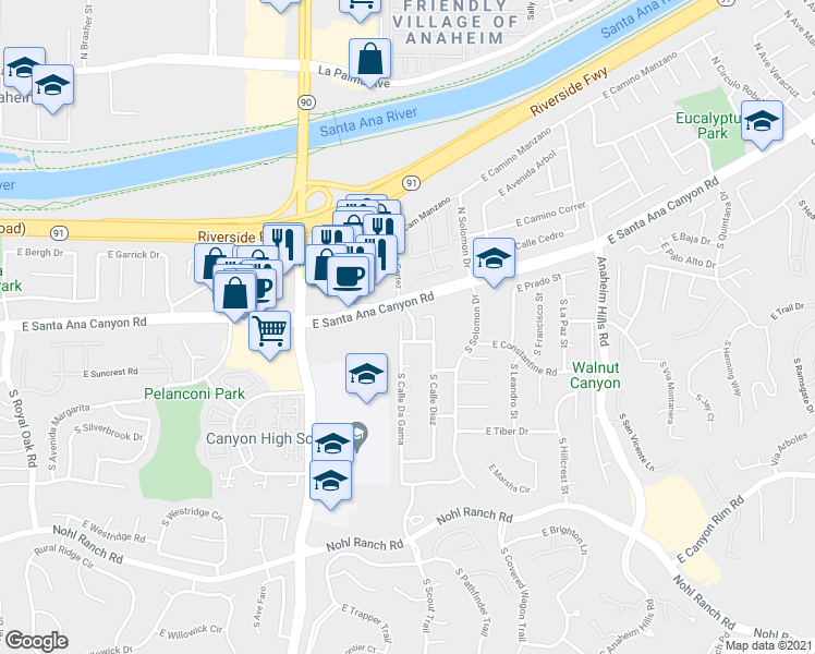 map of restaurants, bars, coffee shops, grocery stores, and more near 124 South Calle Da Gama in Anaheim