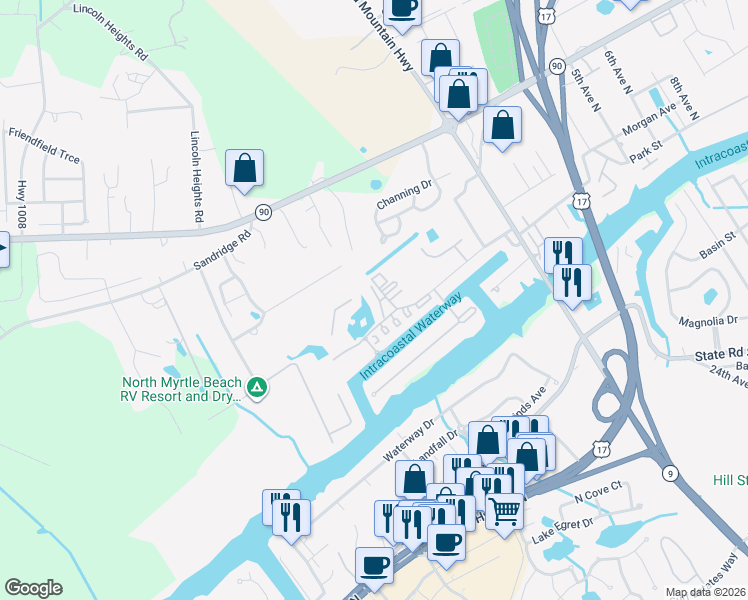 map of restaurants, bars, coffee shops, grocery stores, and more near 4503 West Harbour Court in Little River