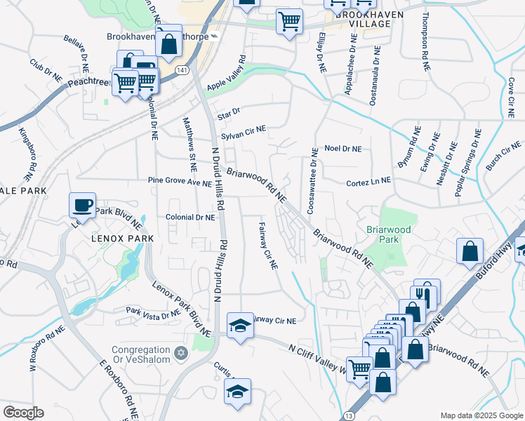 map of restaurants, bars, coffee shops, grocery stores, and more near 1282 Fairhill Lane Northeast in Atlanta