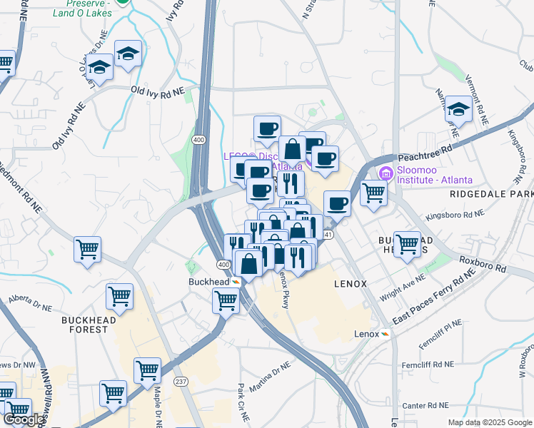 map of restaurants, bars, coffee shops, grocery stores, and more near 3340 Peachtree Road in Atlanta