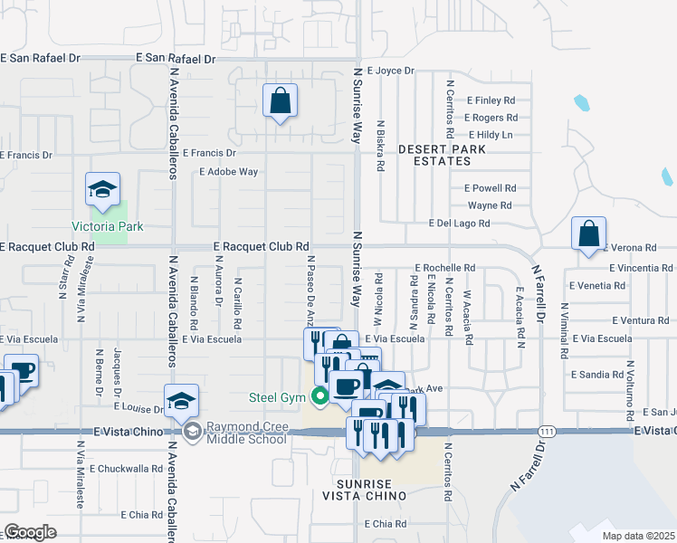 map of restaurants, bars, coffee shops, grocery stores, and more near 1609 Amelia Way in Palm Springs