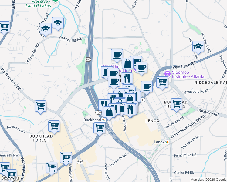 map of restaurants, bars, coffee shops, grocery stores, and more near 3560 Lenox Road Northeast in Atlanta