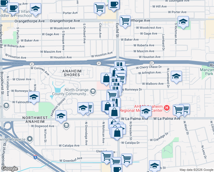 map of restaurants, bars, coffee shops, grocery stores, and more near 1741 West Romneya Drive in Anaheim