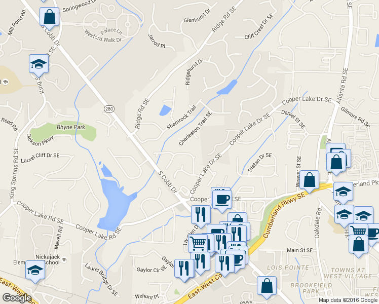 map of restaurants, bars, coffee shops, grocery stores, and more near 4247 Millside Walk SE in Smyrna