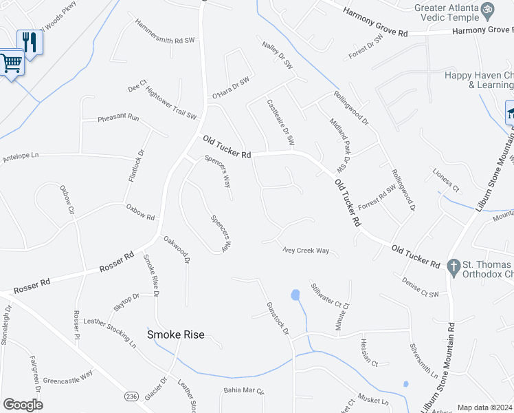 map of restaurants, bars, coffee shops, grocery stores, and more near 2314 Ivey Springs Trail in Stone Mountain