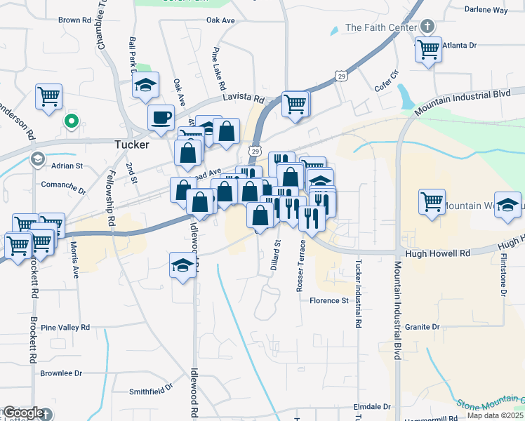 map of restaurants, bars, coffee shops, grocery stores, and more near 4351 Hugh Howell Road in Tucker