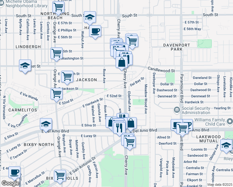 map of restaurants, bars, coffee shops, grocery stores, and more near 1963 East Hardwick Street in Long Beach