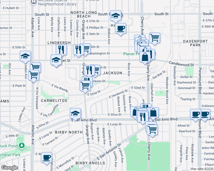 map of restaurants, bars, coffee shops, grocery stores, and more near 1420 East 52nd Street in Long Beach